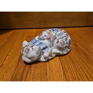 MCM Chinoiserie Ceramic White Sleeping Cat With Floral Accents Figurine by WBI
